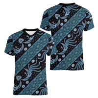 Indonesia Batik Pattern Women V-Neck T-Shirt Blue Version