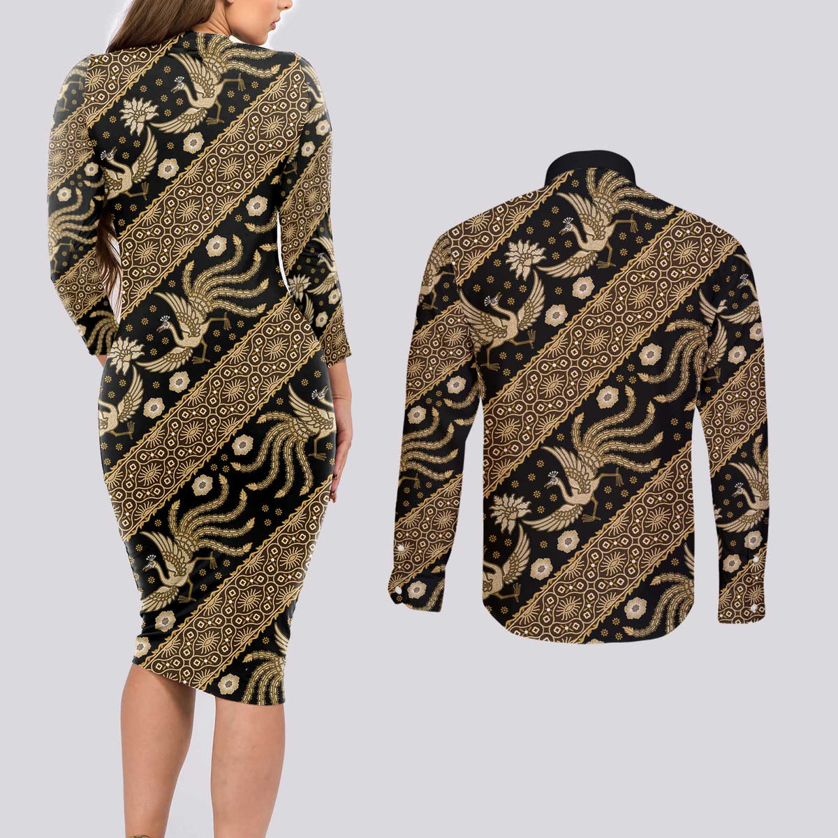 Indonesia Batik Pattern Couples Matching Long Sleeve Bodycon Dress and Long Sleeve Button Shirt Gold Version