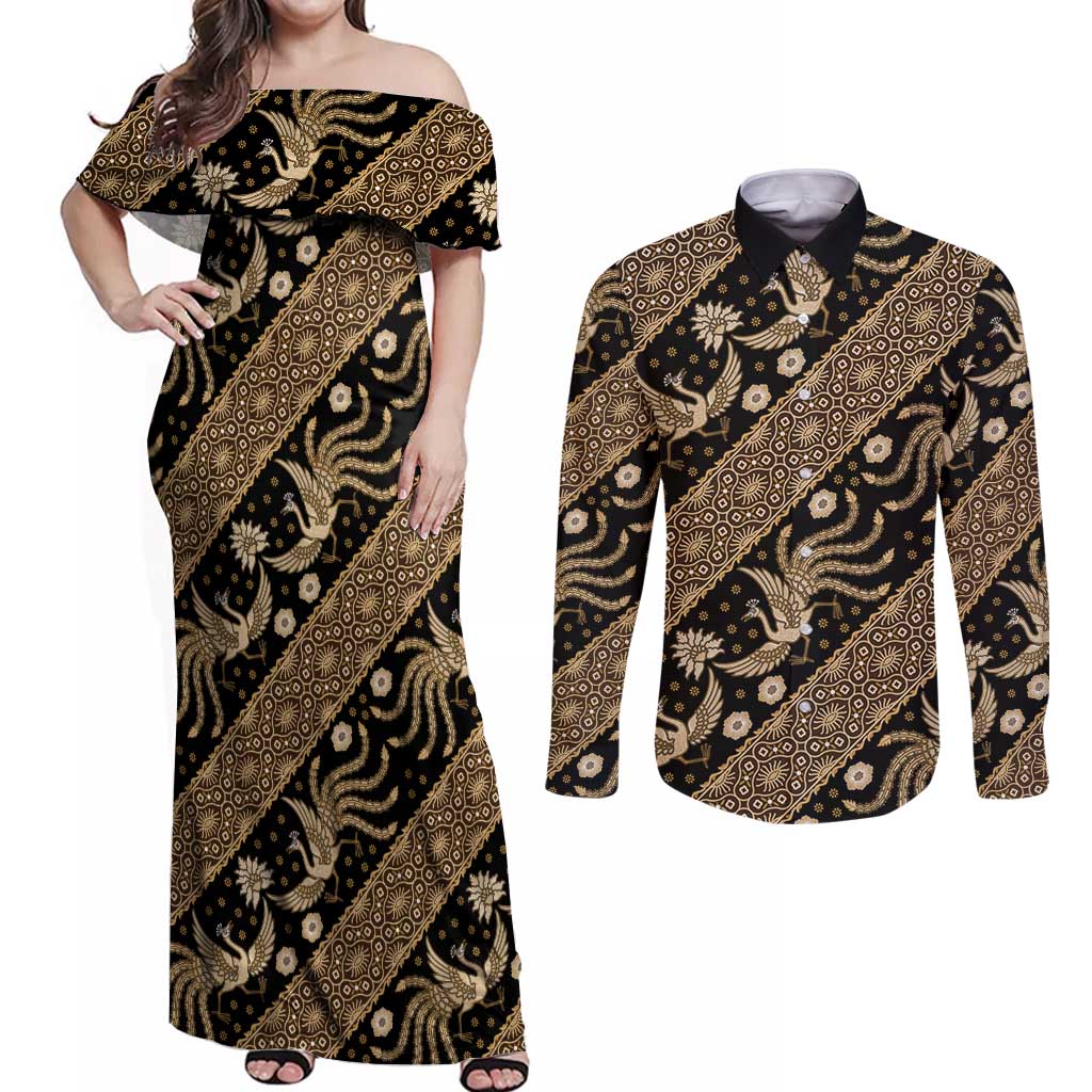Indonesia Batik Pattern Couples Matching Off Shoulder Maxi Dress and Long Sleeve Button Shirt Gold Version