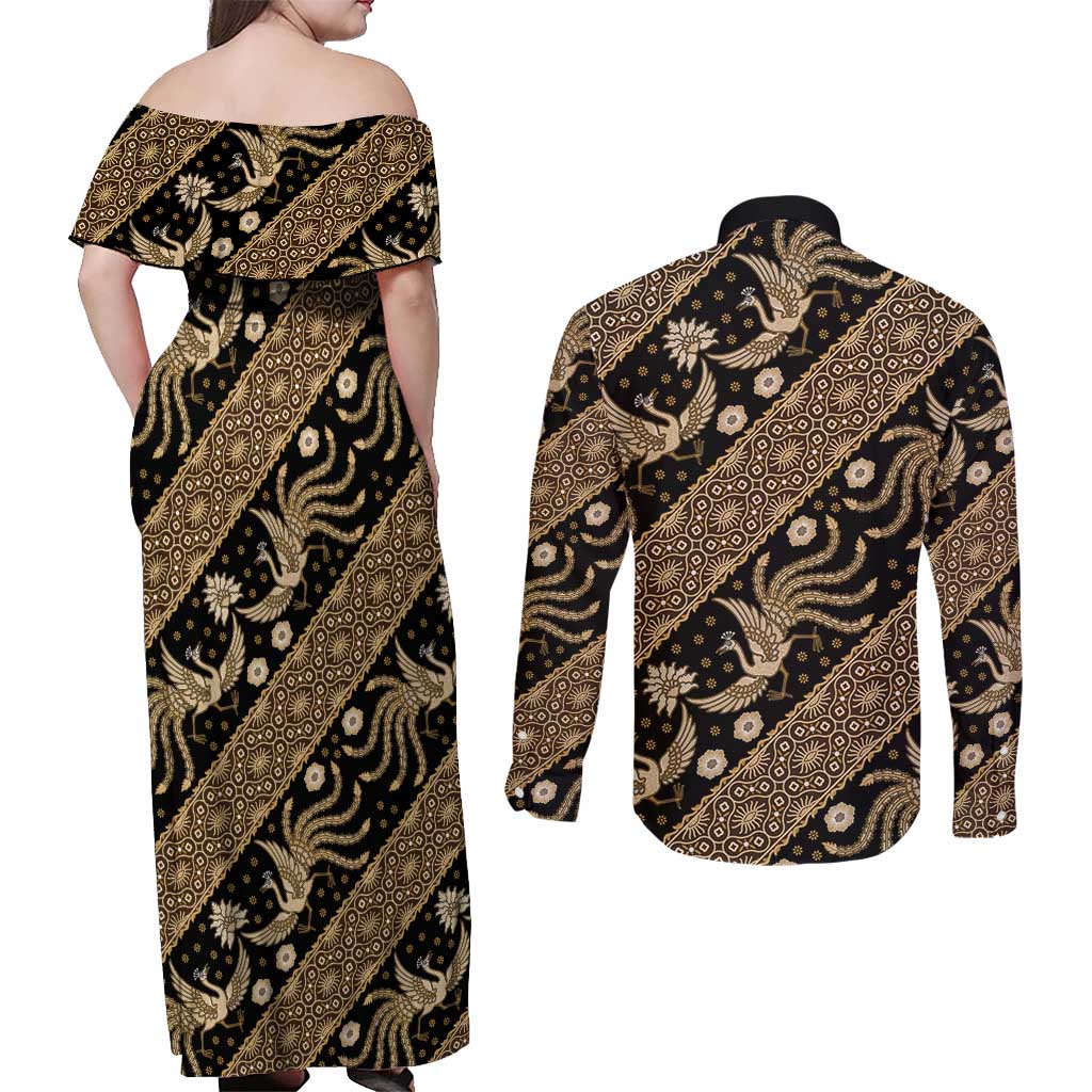 Indonesia Batik Pattern Couples Matching Off Shoulder Maxi Dress and Long Sleeve Button Shirt Gold Version