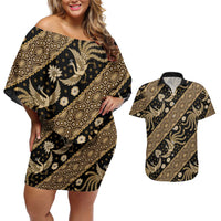 Indonesia Batik Pattern Couples Matching Off Shoulder Short Dress and Hawaiian Shirt Gold Version