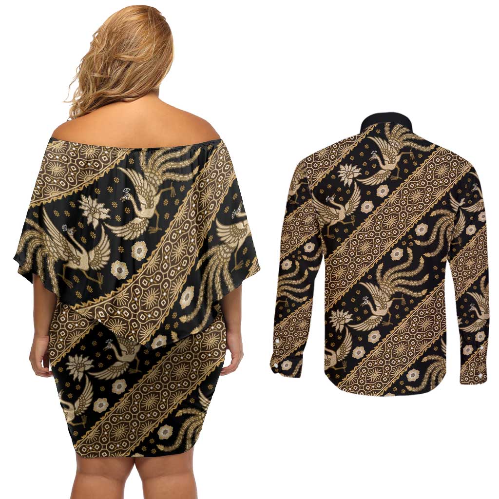 Indonesia Batik Pattern Couples Matching Off Shoulder Short Dress and Long Sleeve Button Shirt Gold Version