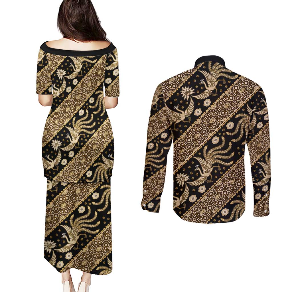Indonesia Batik Pattern Couples Matching Puletasi and Long Sleeve Button Shirt Gold Version