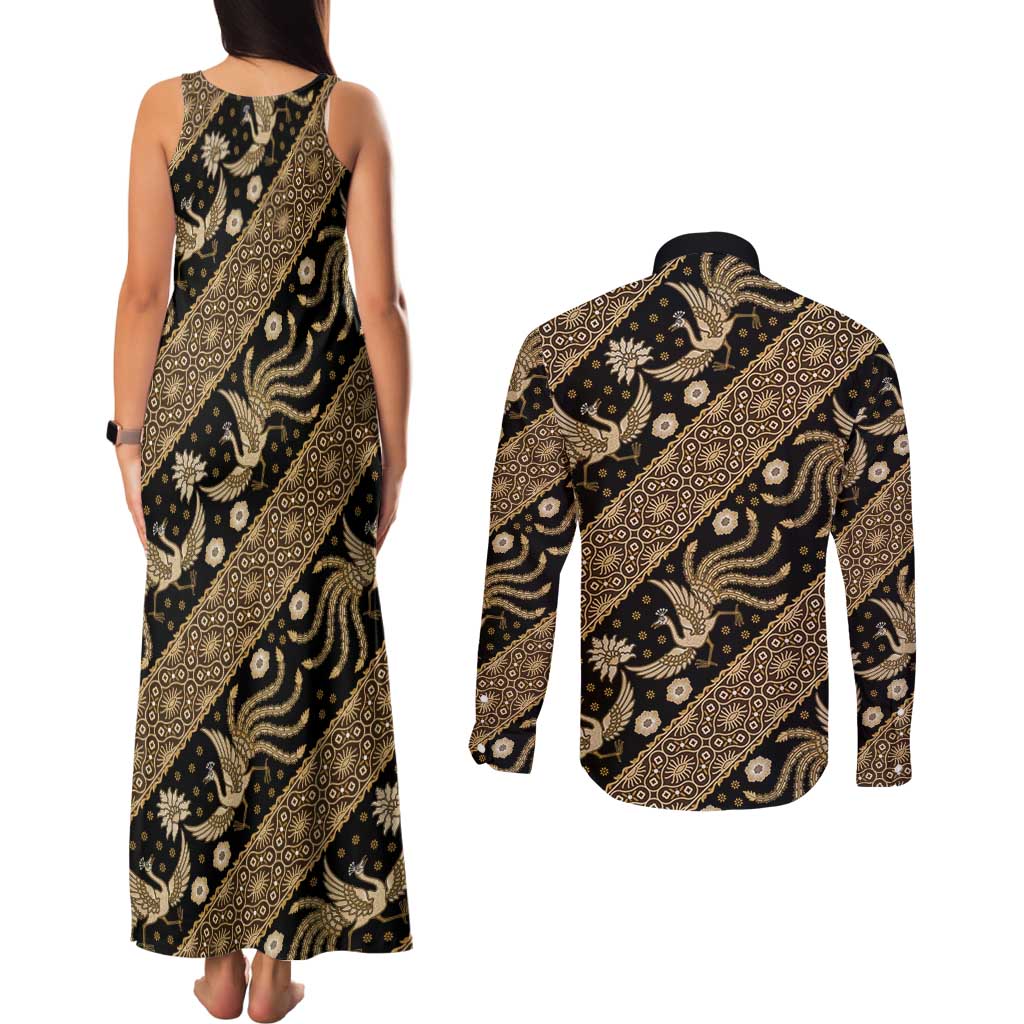 Indonesia Batik Pattern Couples Matching Tank Maxi Dress and Long Sleeve Button Shirt Gold Version