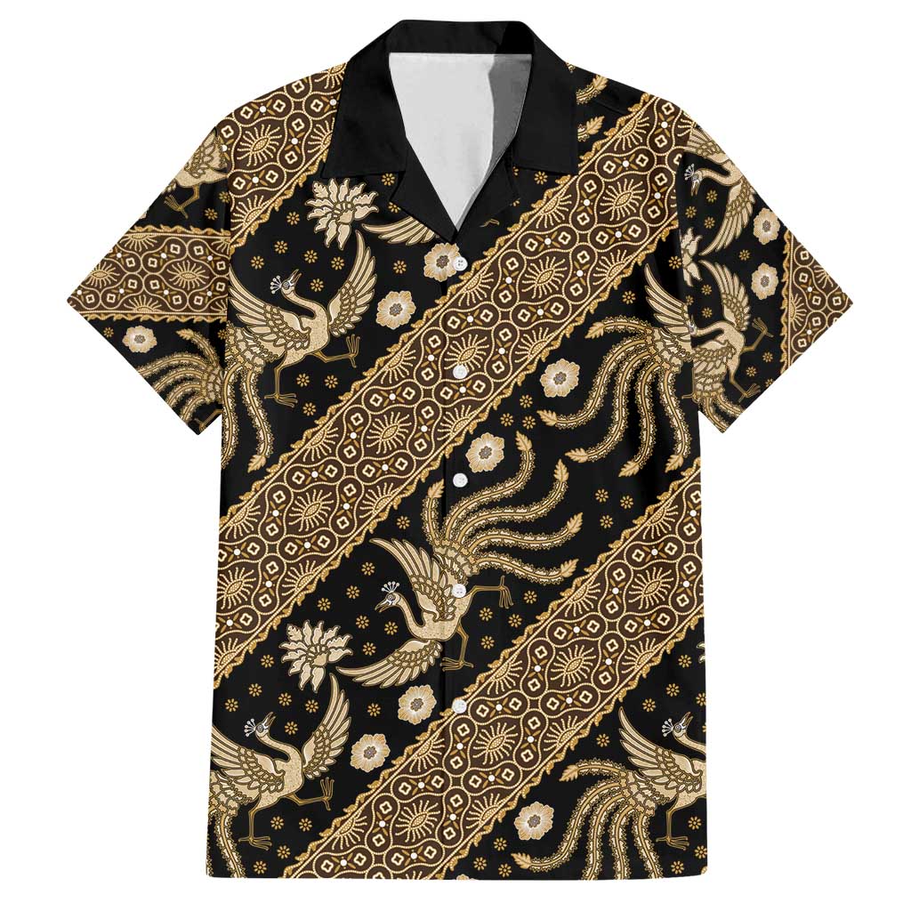 Indonesia Batik Pattern Family Matching Off Shoulder Maxi Dress and Hawaiian Shirt Gold Version