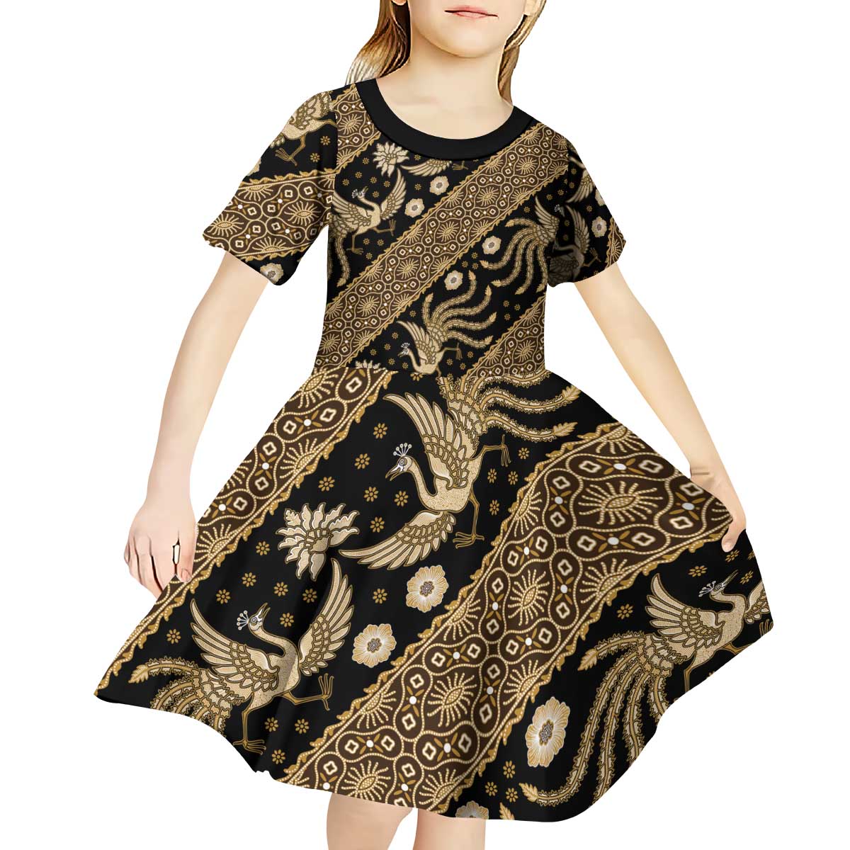 Indonesia Batik Pattern Kid Short Sleeve Dress Gold Version