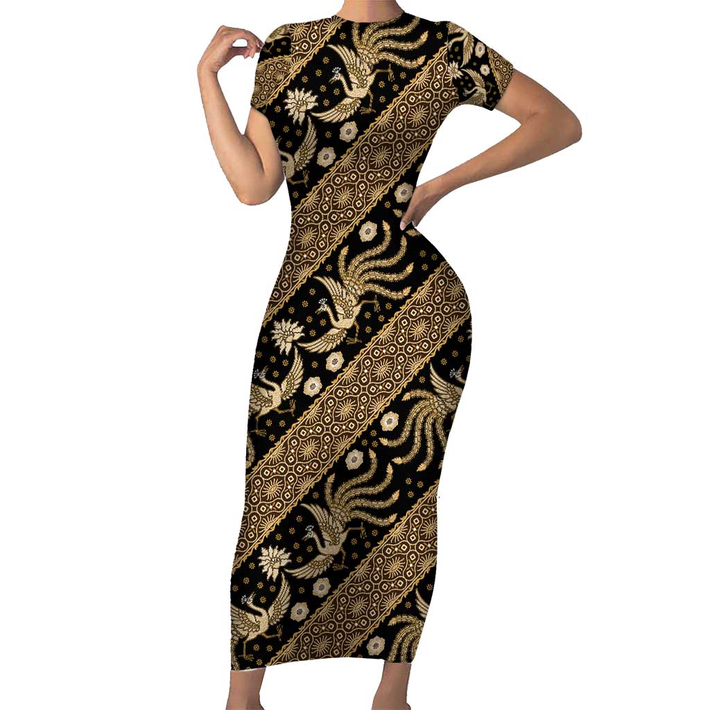 Indonesia Batik Pattern Short Sleeve Bodycon Dress Gold Version LT01 Long Dress Gold - Polynesian Pride