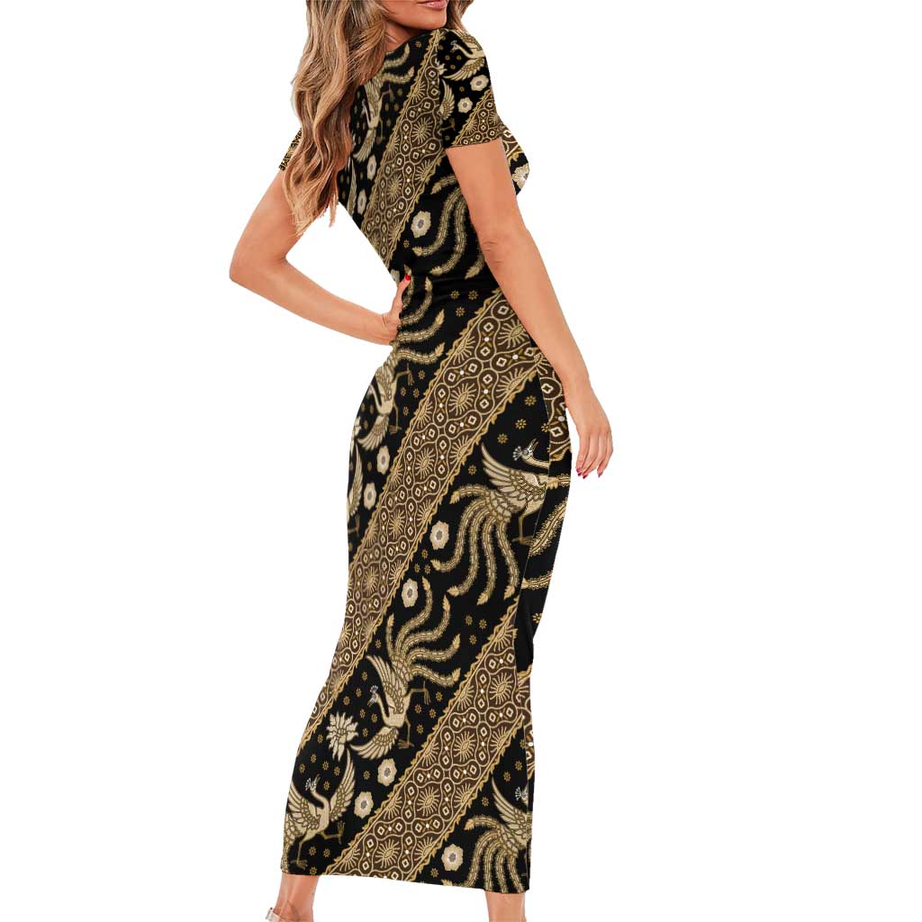 Indonesia Batik Pattern Short Sleeve Bodycon Dress Gold Version LT01 - Polynesian Pride