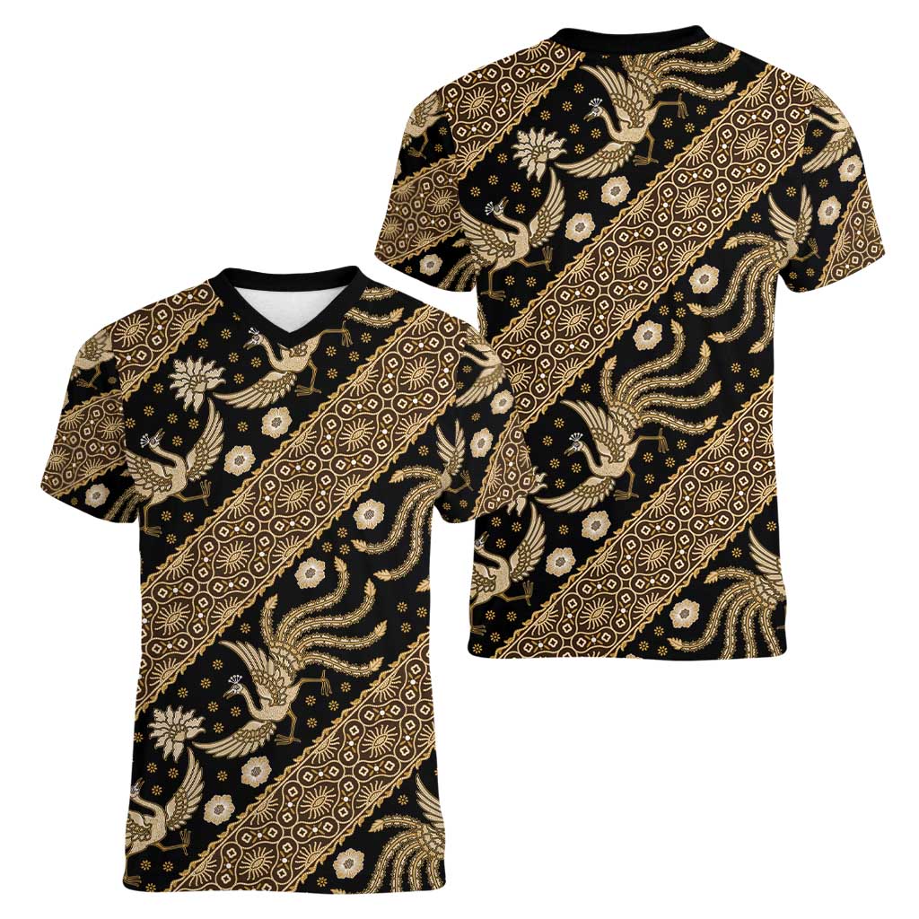 Indonesia Batik Pattern Women V-Neck T-Shirt Gold Version
