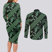Indonesia Batik Pattern Couples Matching Long Sleeve Bodycon Dress and Long Sleeve Button Shirt Green Version