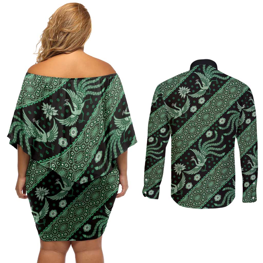 Indonesia Batik Pattern Couples Matching Off Shoulder Short Dress and Long Sleeve Button Shirt Green Version