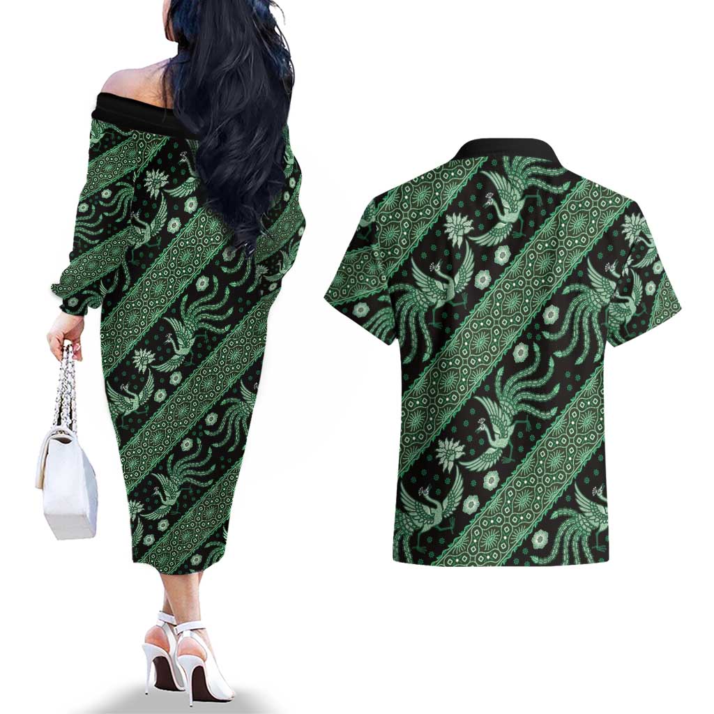 Indonesia Batik Pattern Couples Matching Off The Shoulder Long Sleeve Dress and Hawaiian Shirt Green Version