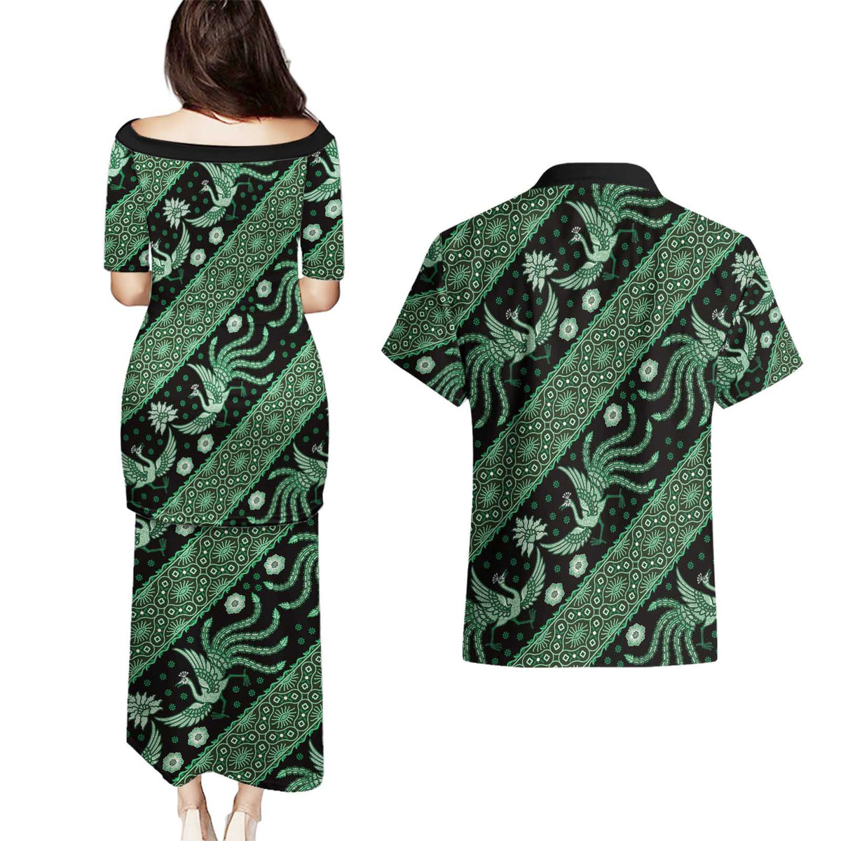 Indonesia Batik Pattern Couples Matching Puletasi and Hawaiian Shirt Green Version