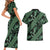 Indonesia Batik Pattern Couples Matching Short Sleeve Bodycon Dress and Hawaiian Shirt Green Version