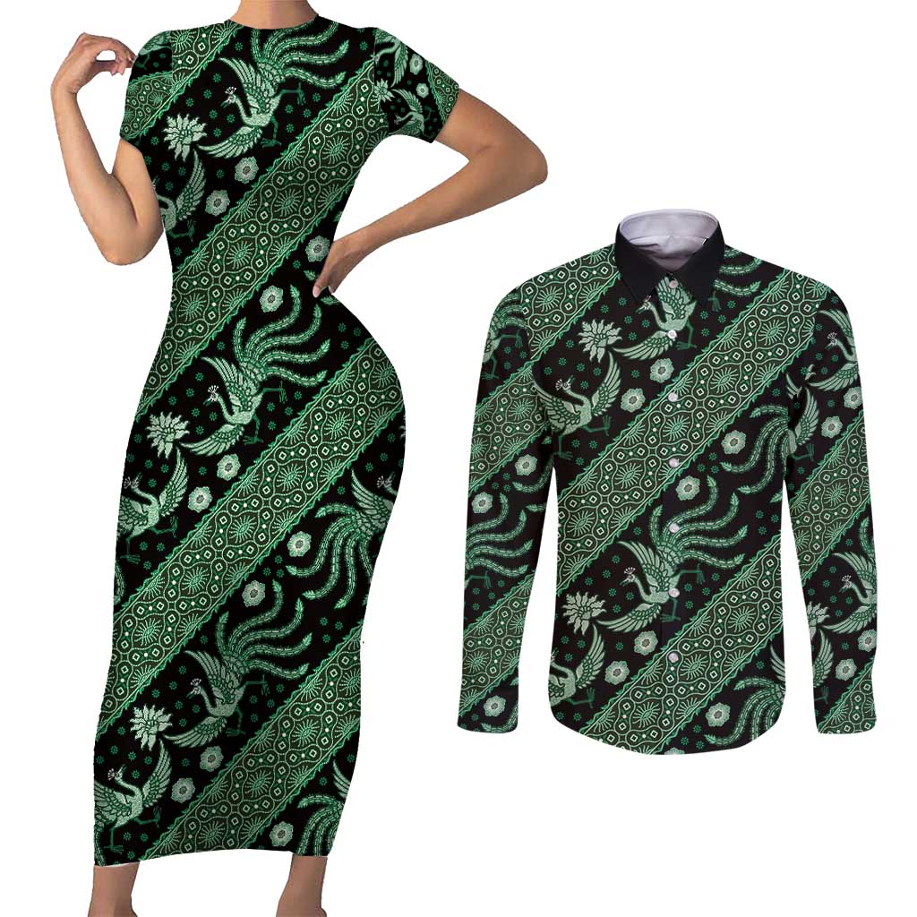 Indonesia Batik Pattern Couples Matching Short Sleeve Bodycon Dress and Long Sleeve Button Shirt Green Version