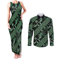Indonesia Batik Pattern Couples Matching Tank Maxi Dress and Long Sleeve Button Shirt Green Version