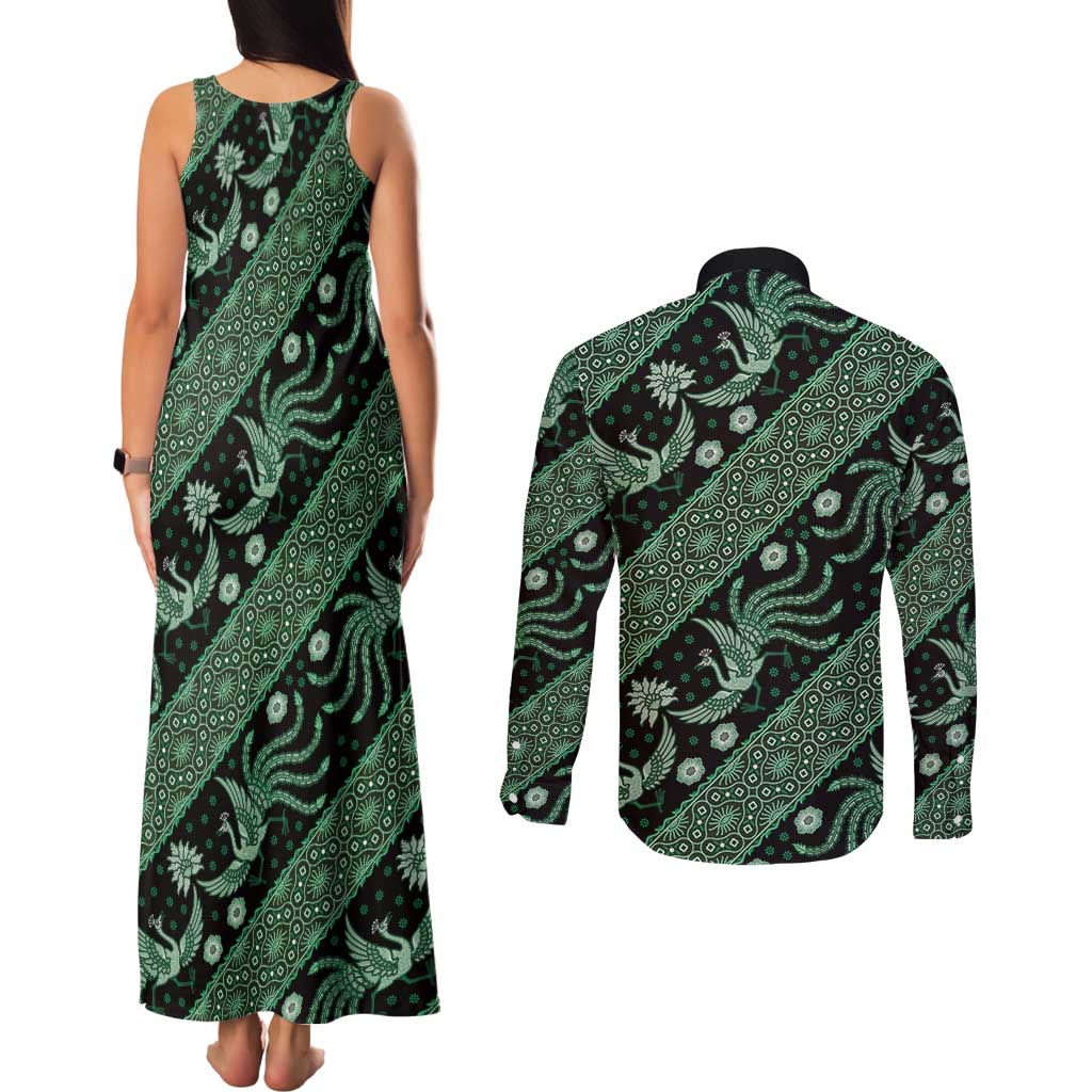 Indonesia Batik Pattern Couples Matching Tank Maxi Dress and Long Sleeve Button Shirt Green Version