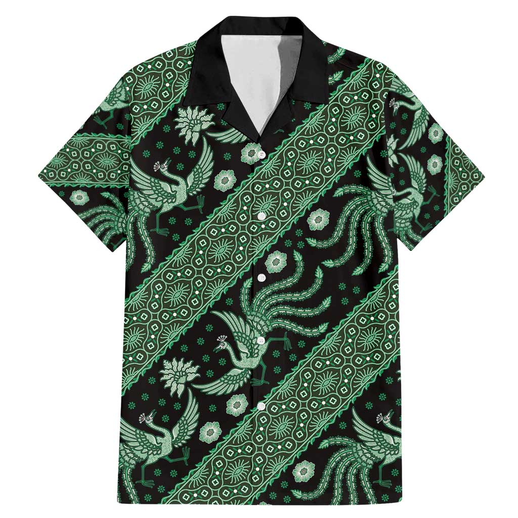 Indonesia Batik Pattern Family Matching Mermaid Dress and Hawaiian Shirt Green Version