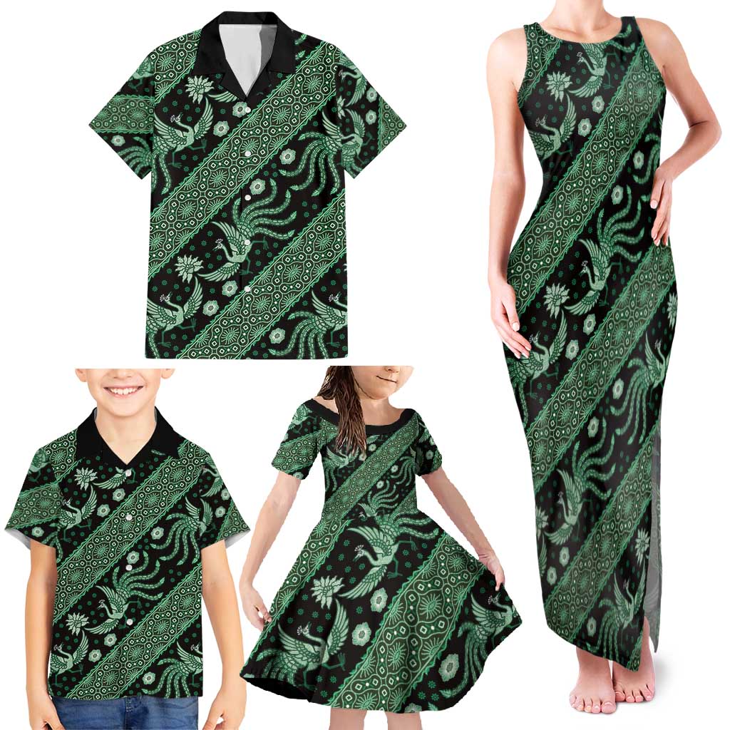 Indonesia Batik Pattern Family Matching Tank Maxi Dress and Hawaiian Shirt Green Version