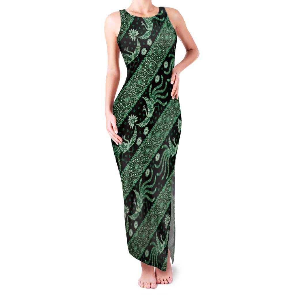 Indonesia Batik Pattern Family Matching Tank Maxi Dress and Hawaiian Shirt Green Version