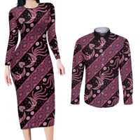 Indonesia Batik Pattern Couples Matching Long Sleeve Bodycon Dress and Long Sleeve Button Shirt Pink Version