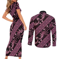 Indonesia Batik Pattern Couples Matching Short Sleeve Bodycon Dress and Long Sleeve Button Shirt Pink Version