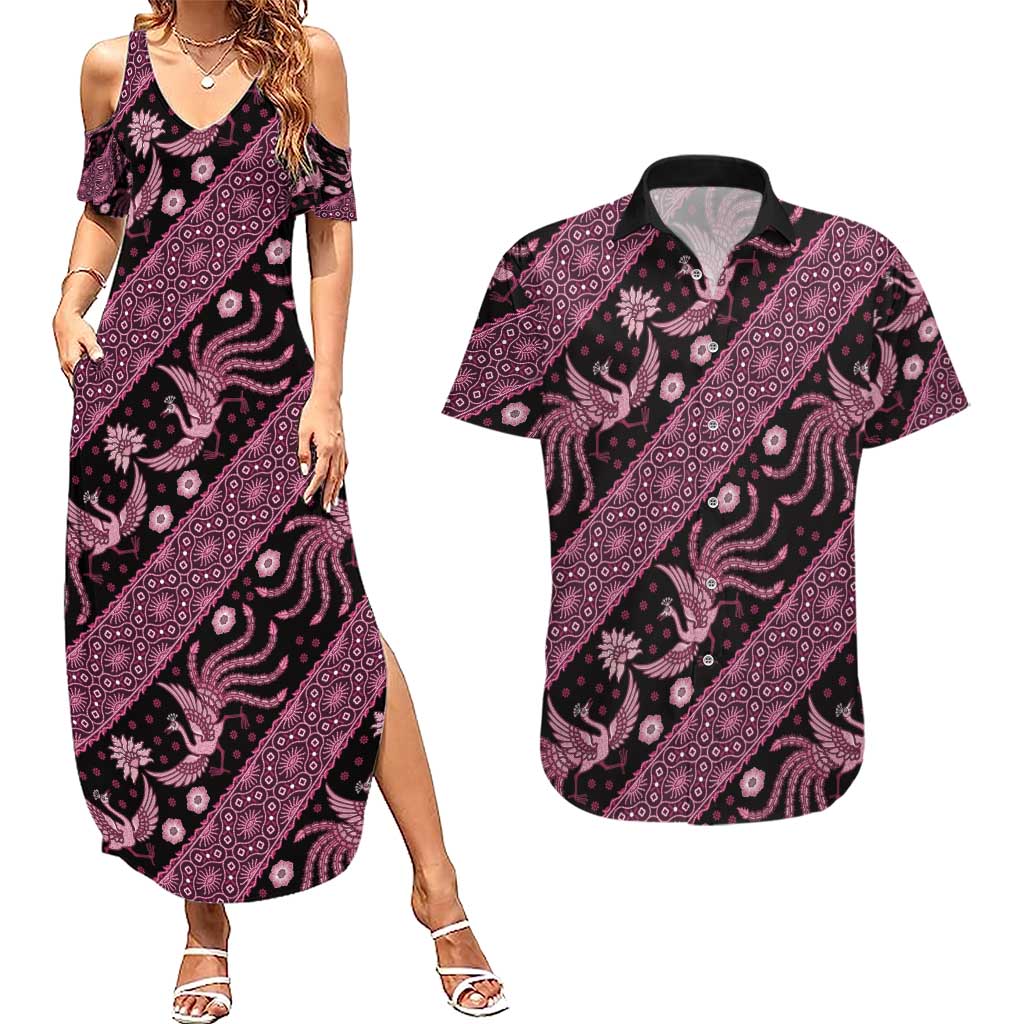 Indonesia Batik Pattern Couples Matching Summer Maxi Dress and Hawaiian Shirt Pink Version
