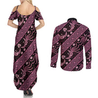 Indonesia Batik Pattern Couples Matching Summer Maxi Dress and Long Sleeve Button Shirt Pink Version
