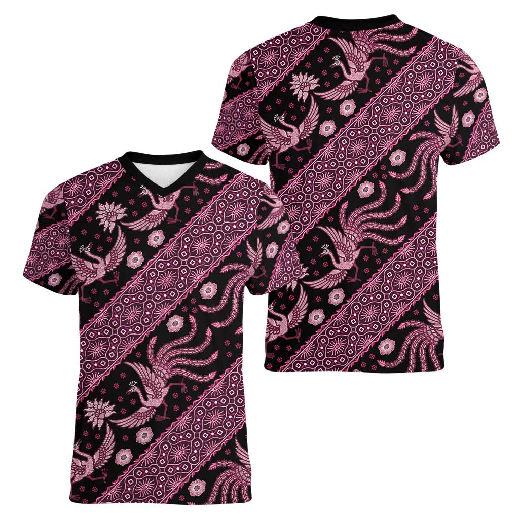 Indonesia Batik Pattern Women V-Neck T-Shirt Pink Version