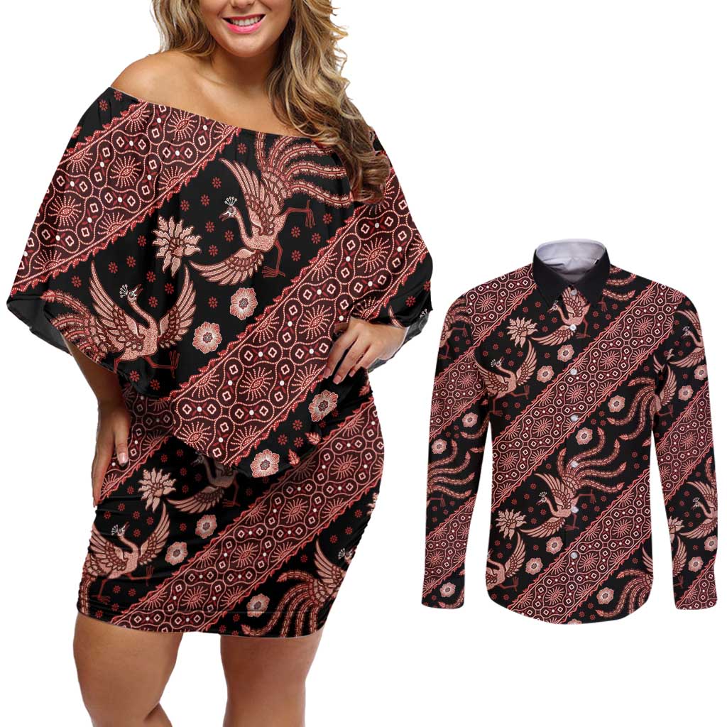 Indonesia Batik Pattern Couples Matching Off Shoulder Short Dress and Long Sleeve Button Shirt Red Version