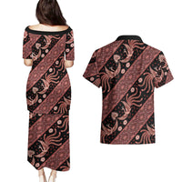 Indonesia Batik Pattern Couples Matching Puletasi and Hawaiian Shirt Red Version