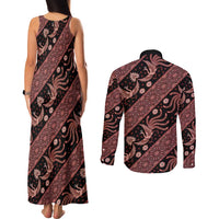 Indonesia Batik Pattern Couples Matching Tank Maxi Dress and Long Sleeve Button Shirt Red Version