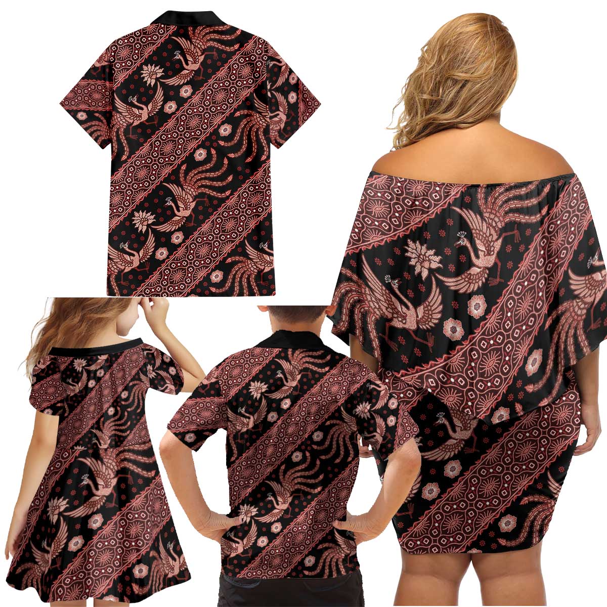 Indonesia Batik Pattern Family Matching Off Shoulder Short Dress and Hawaiian Shirt Red Version