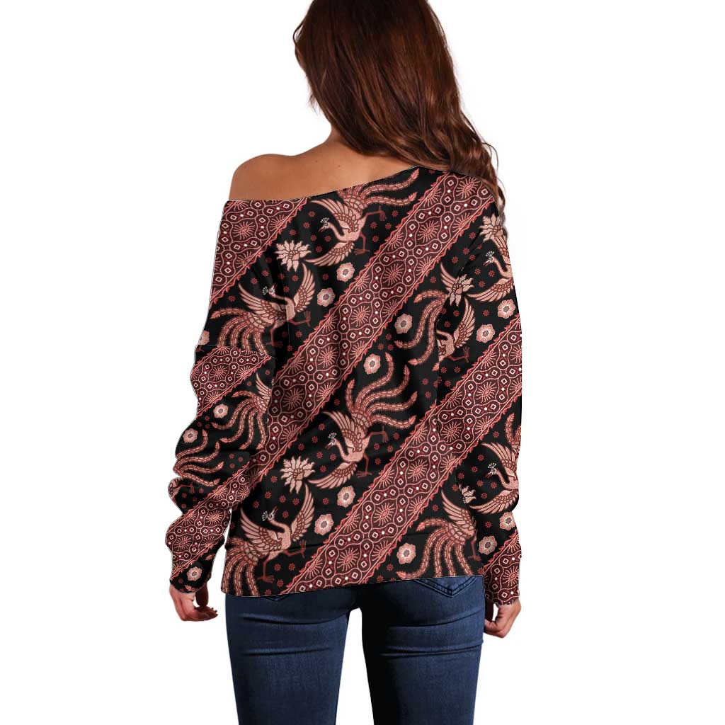 Indonesia Batik Pattern Off Shoulder Sweater Red Version