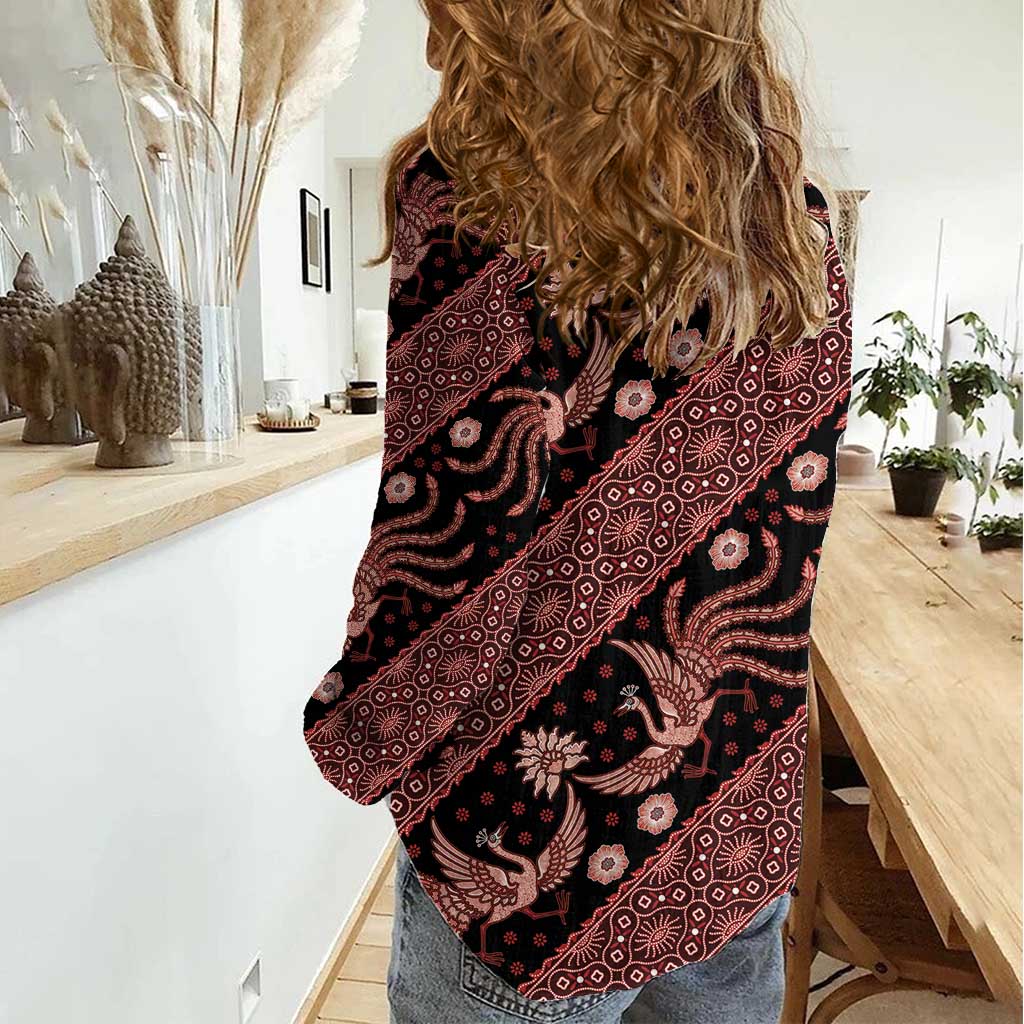 Indonesia Batik Pattern Women Casual Shirt Red Version