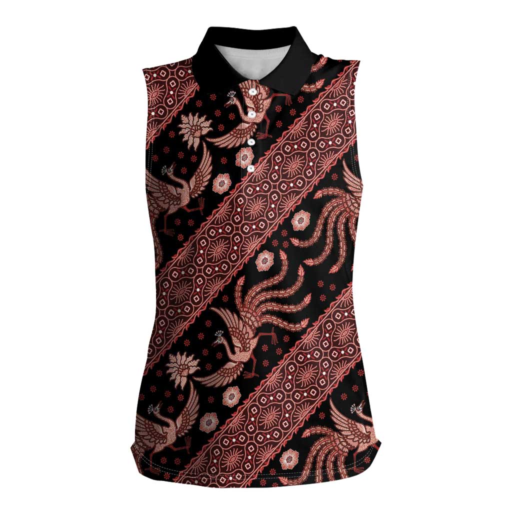 Indonesia Batik Pattern Women Sleeveless Polo Shirt Red Version
