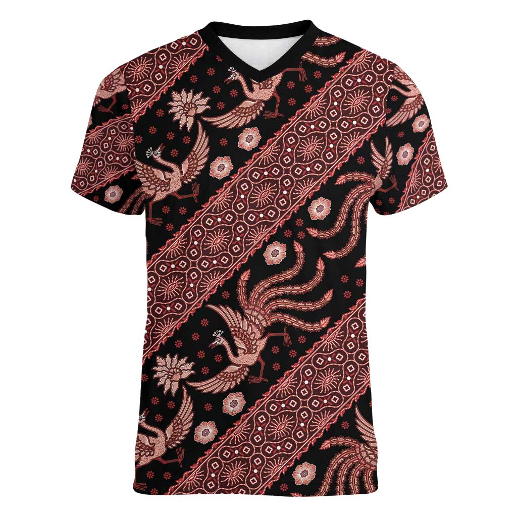 Indonesia Batik Pattern Women V-Neck T-Shirt Red Version