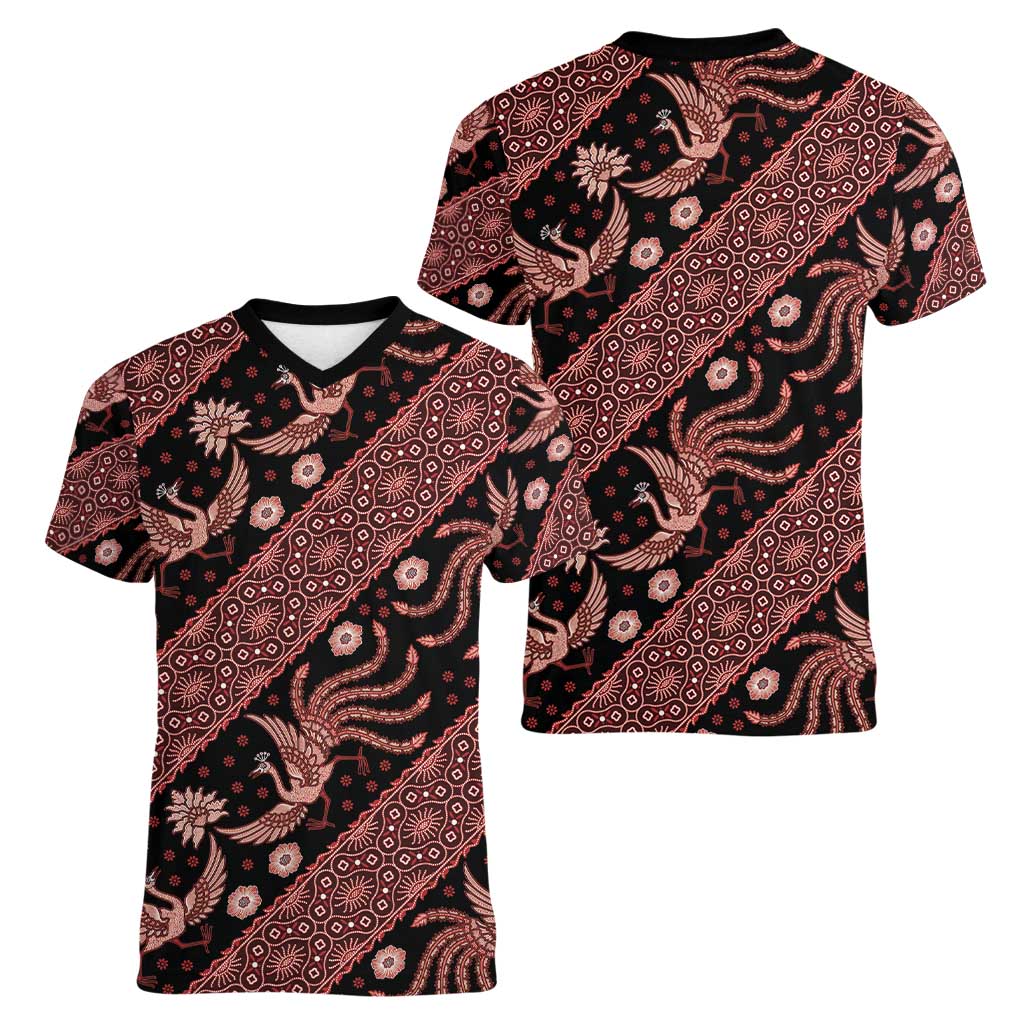 Indonesia Batik Pattern Women V-Neck T-Shirt Red Version