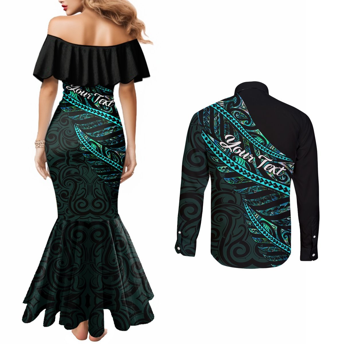 Personalised Aotearoa Couples Matching Mermaid Dress and Long Sleeve Button Shirts Silver Fern Mix Paua Shell Polynesian Pattern LT01 - Polynesian Pride