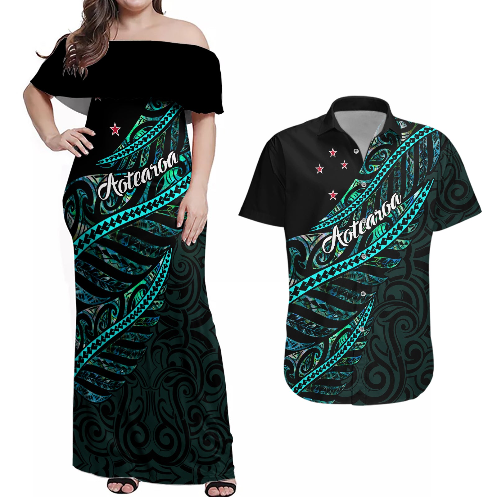 personalised-aotearoa-couples-matching-off-shoulder-maxi-dress-and-hawaiian-shirt-silver-fern-mix-paua-shell-polynesian-pattern