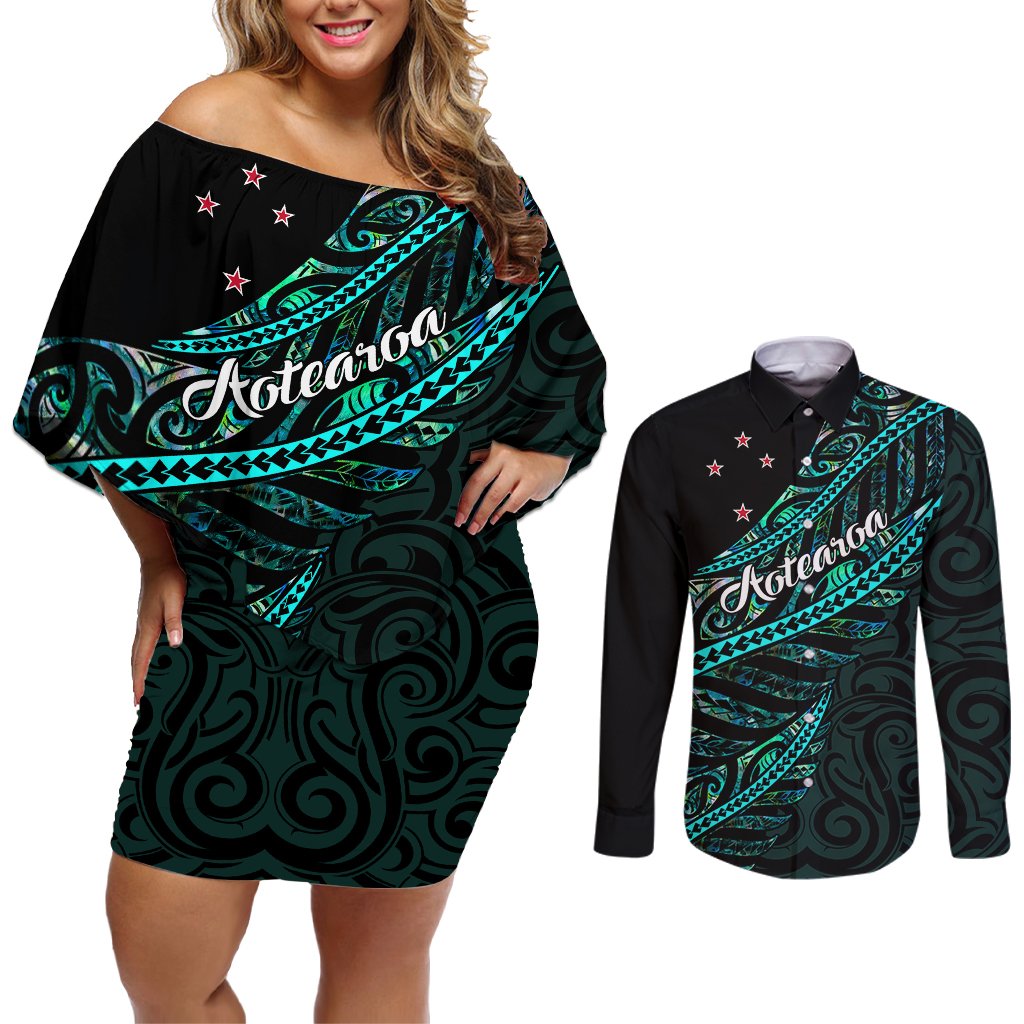 personalised-aotearoa-couples-matching-off-shoulder-short-dress-and-long-sleeve-button-shirts-silver-fern-mix-paua-shell-polynesian-pattern