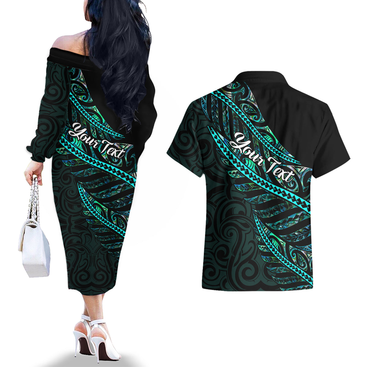 personalised-aotearoa-couples-matching-off-the-shoulder-long-sleeve-dress-and-hawaiian-shirt-silver-fern-mix-paua-shell-polynesian-pattern