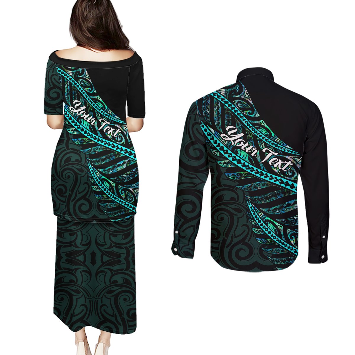 Personalised Aotearoa Couples Matching Puletasi Dress and Long Sleeve Button Shirts Silver Fern Mix Paua Shell Polynesian Pattern LT01 - Polynesian Pride
