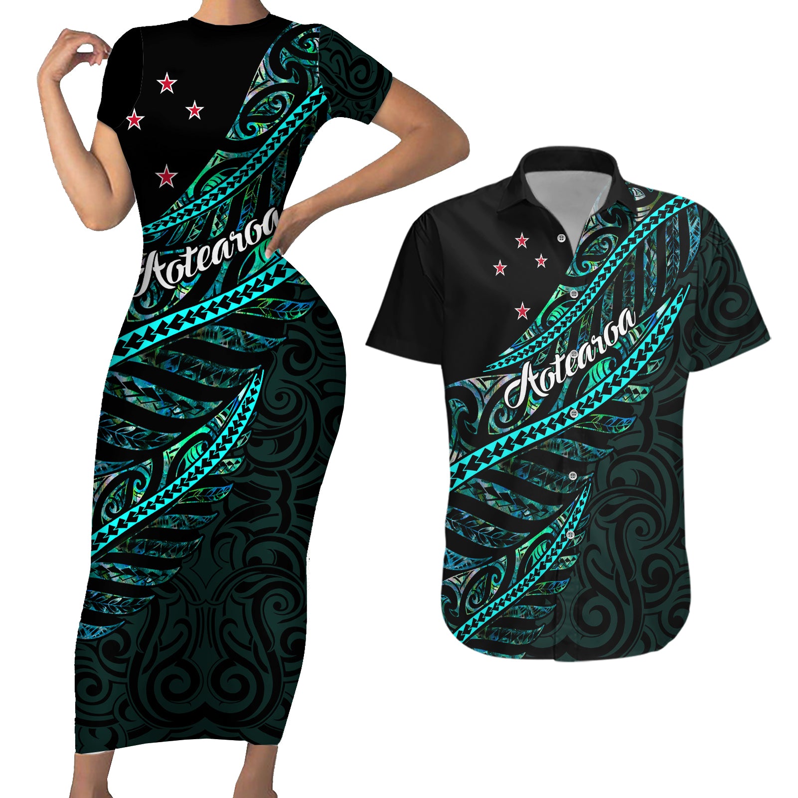 personalised-aotearoa-couples-matching-short-sleeve-bodycon-dress-and-hawaiian-shirt-silver-fern-mix-paua-shell-polynesian-pattern