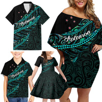 personalised-aotearoa-family-matching-off-shoulder-short-dress-and-hawaiian-shirt-silver-fern-mix-paua-shell-polynesian-pattern