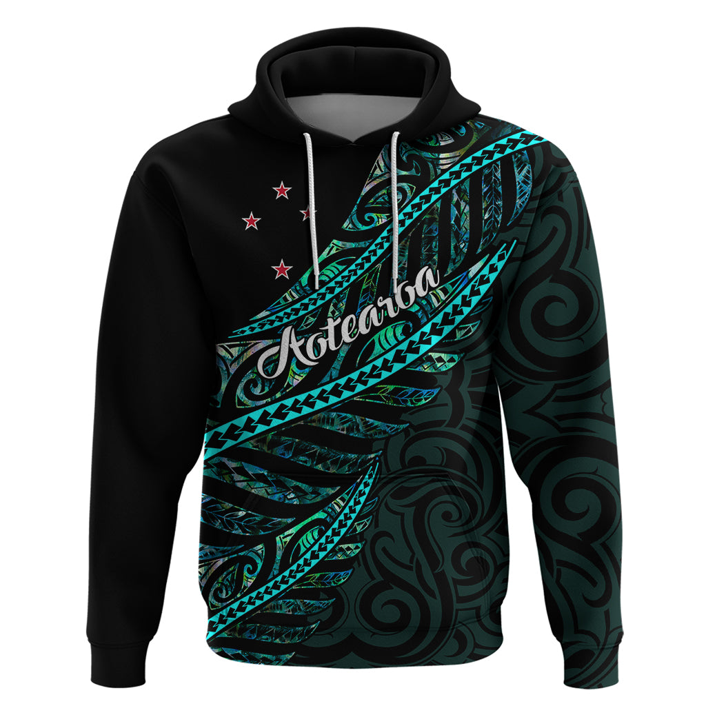 Personalised Aotearoa Hoodie Silver Fern Mix Paua Shell Polynesian Pattern LT01 Black - Polynesian Pride