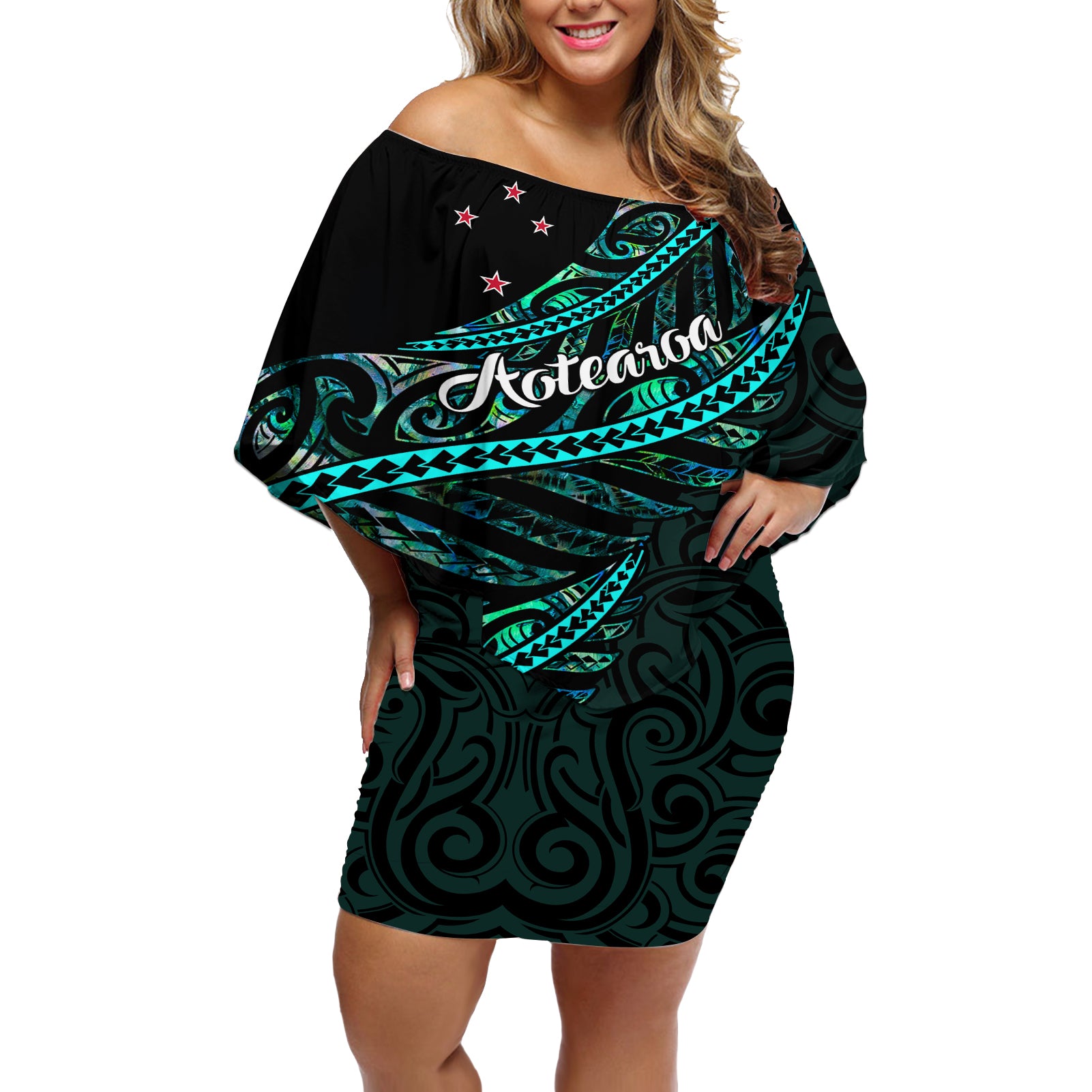 personalised-aotearoa-off-shoulder-short-dress-silver-fern-mix-paua-shell-polynesian-pattern