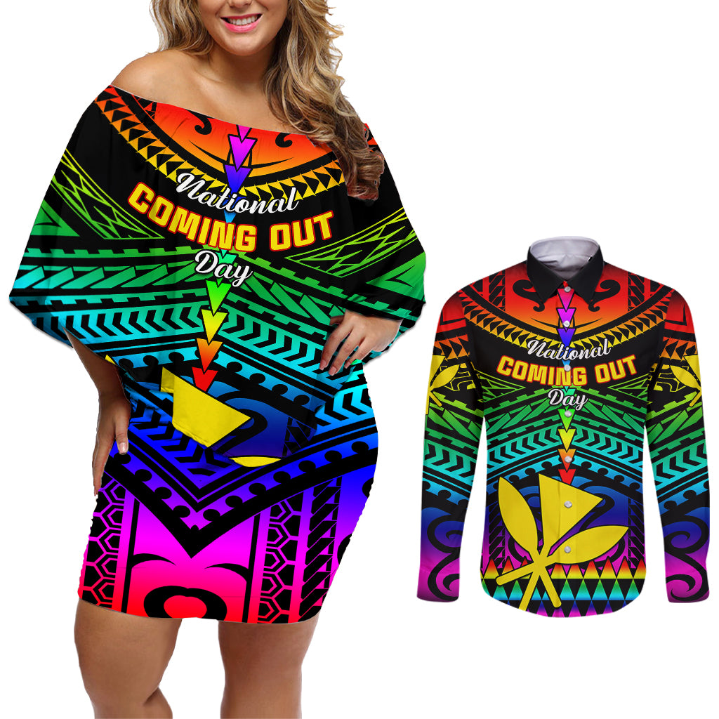 personalised-hawaii-couples-matching-off-shoulder-short-dress-and-long-sleeve-button-shirts-kanaka-maoli-kakau-2023-national-coming-out-day