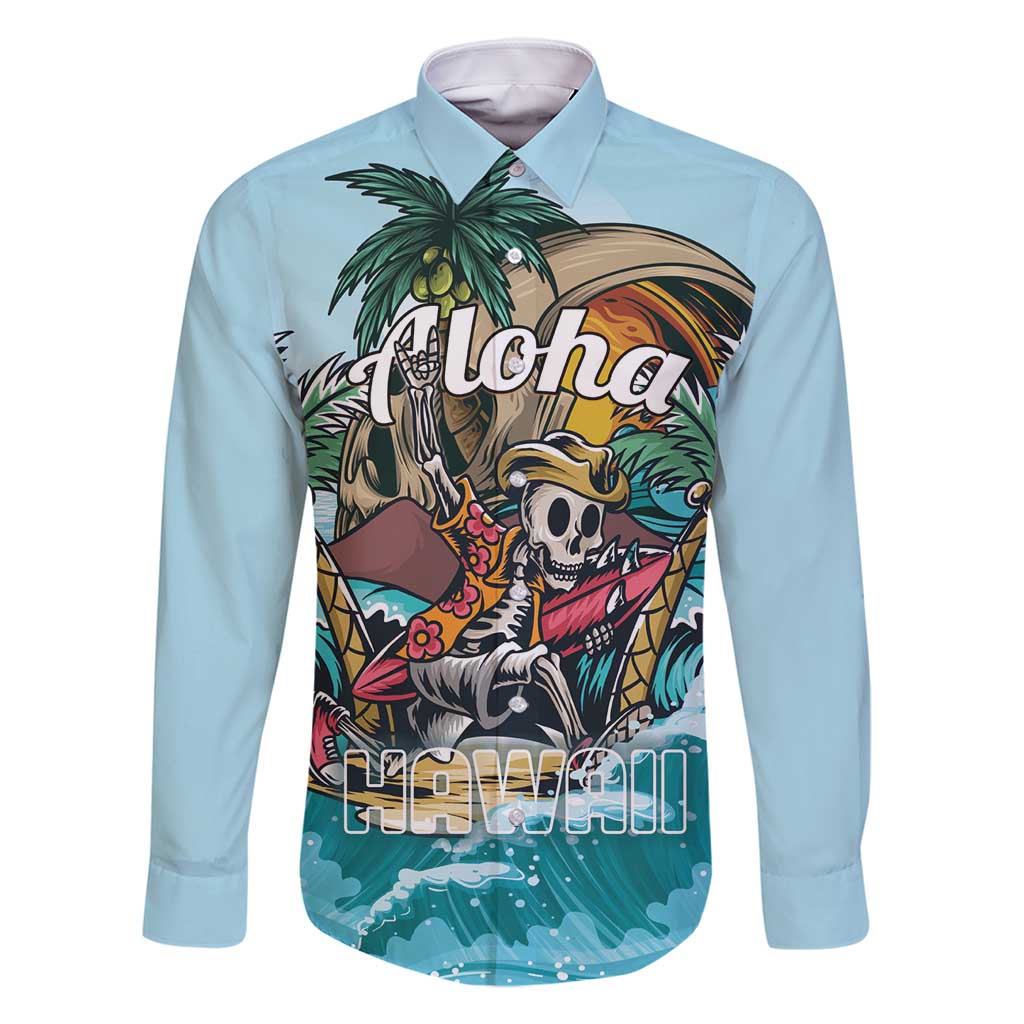 Personalized Aloha Hawaii Skeleton Family Matching Long Sleeve Bodycon Dress and Hawaiian Shirt Tropical Summer Vibe LT01 Dad's Shirt - Long Sleeve Blue - Polynesian Pride