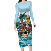 Personalized Aloha Hawaii Skeleton Family Matching Long Sleeve Bodycon Dress and Hawaiian Shirt Tropical Summer Vibe LT01 Mom's Dress Blue - Polynesian Pride